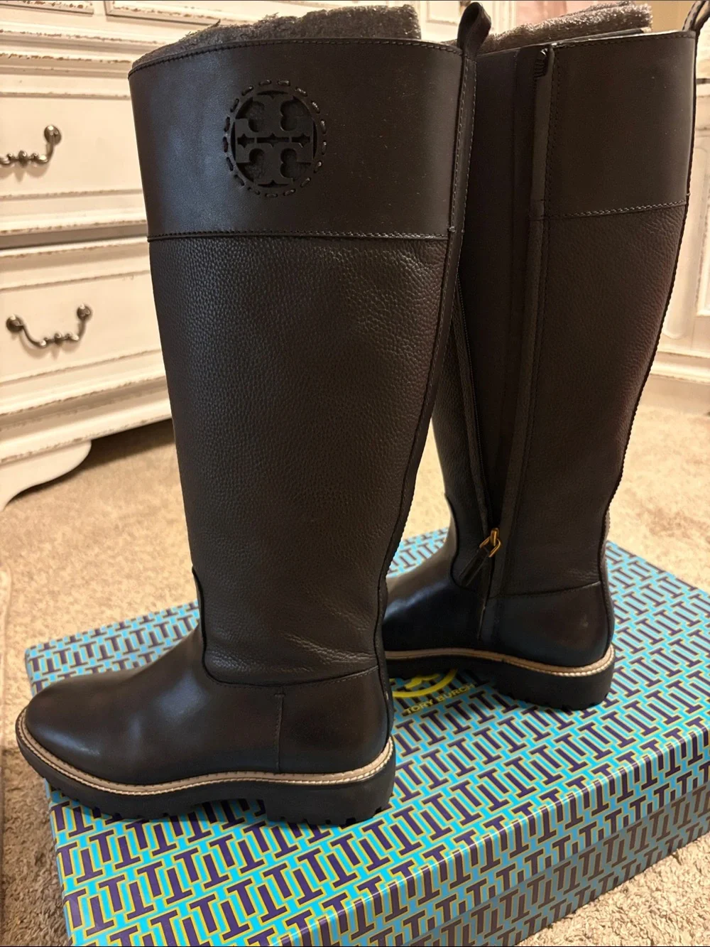 Tory Burch Dark Brown Tall Leather Zip Riding Boots